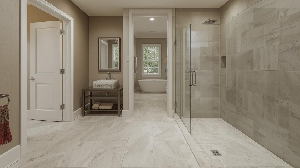 modern open shower with continuous floor tile extending from bathroom