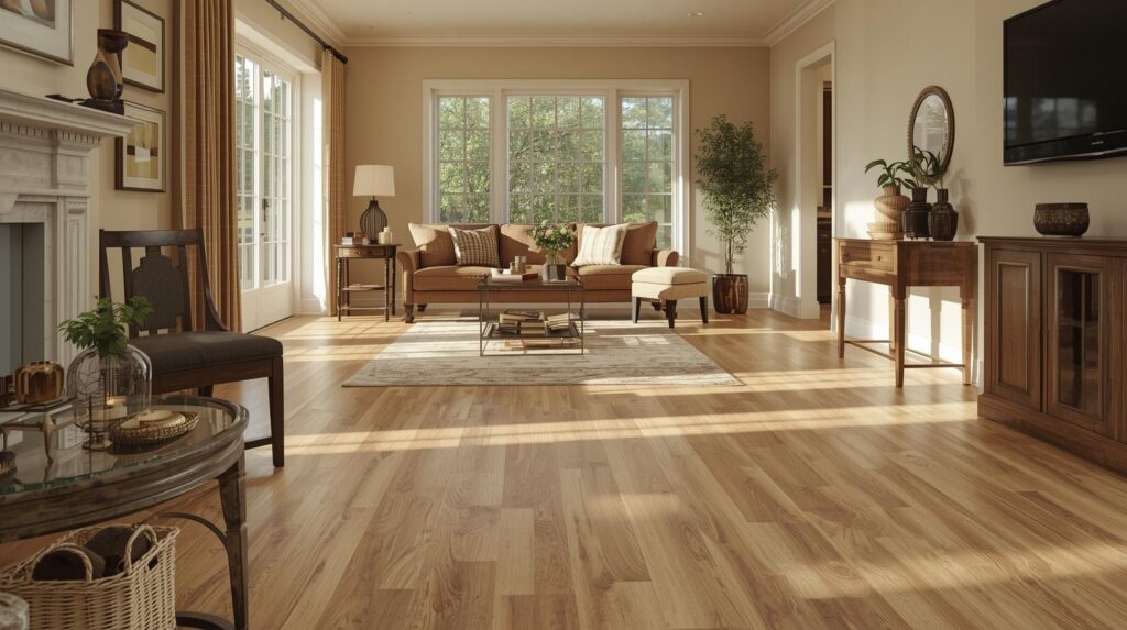 wide angle shot of a bright living room with wood look vinyl plank flooring